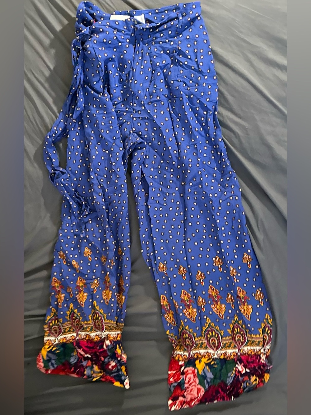 Anthropologie Blue Printed Garment with Red Trim and Orange Accents